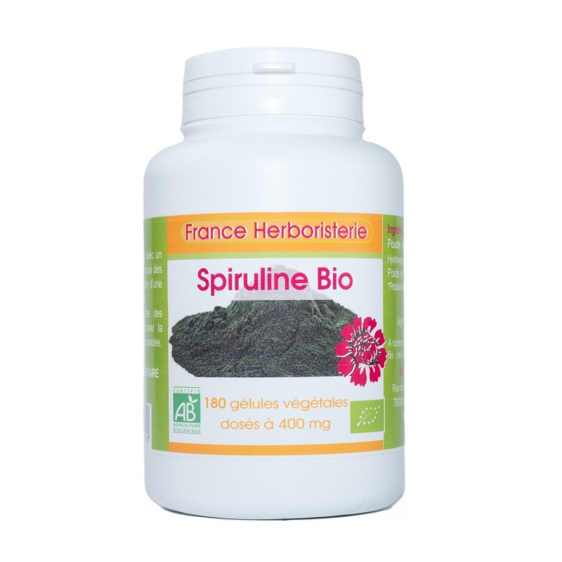 SPIRULINE ECOCERT 180 gélules dosées à 400 mg.